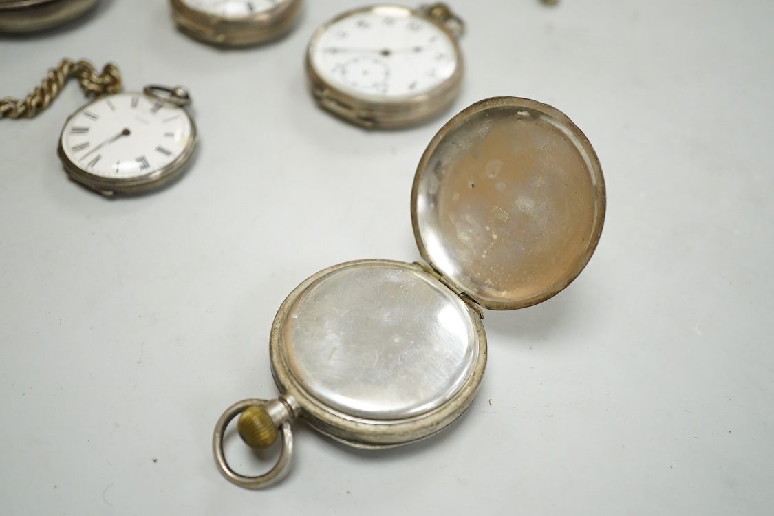 A late Victorian silver 'Improved Patent' open faced pocket watch, with Roman dial and subsidiary seconds, together with four other silver or white metal pocket/fob watches and three base metal chain sections.